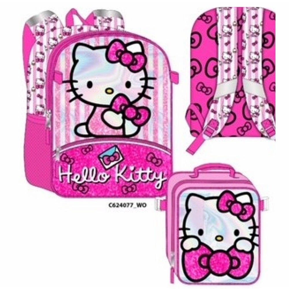HELLO KITTY 16" METALLIC BACKPACK WITH DETACHABLE ALL OVER PRINT LUNCH BAG