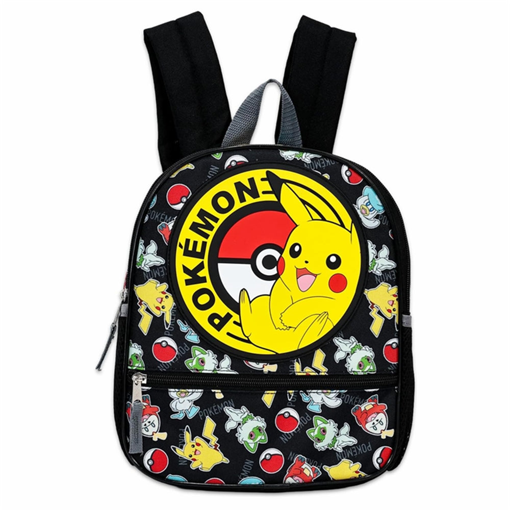 POKEMON PIKACHU & POKE BALL CIRCLE RUBBER PATCH ALL OVER PRINT 12" MINI BACKPACK
