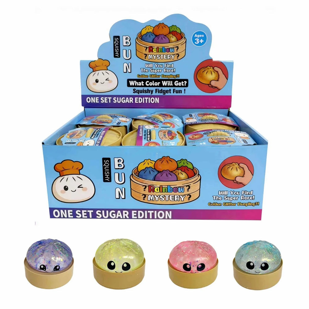 Rainbow Glitter Sugar Gel Dumpling Squishy in a Plastic Steamer Pot Mystery Asst-12pcs PDQ