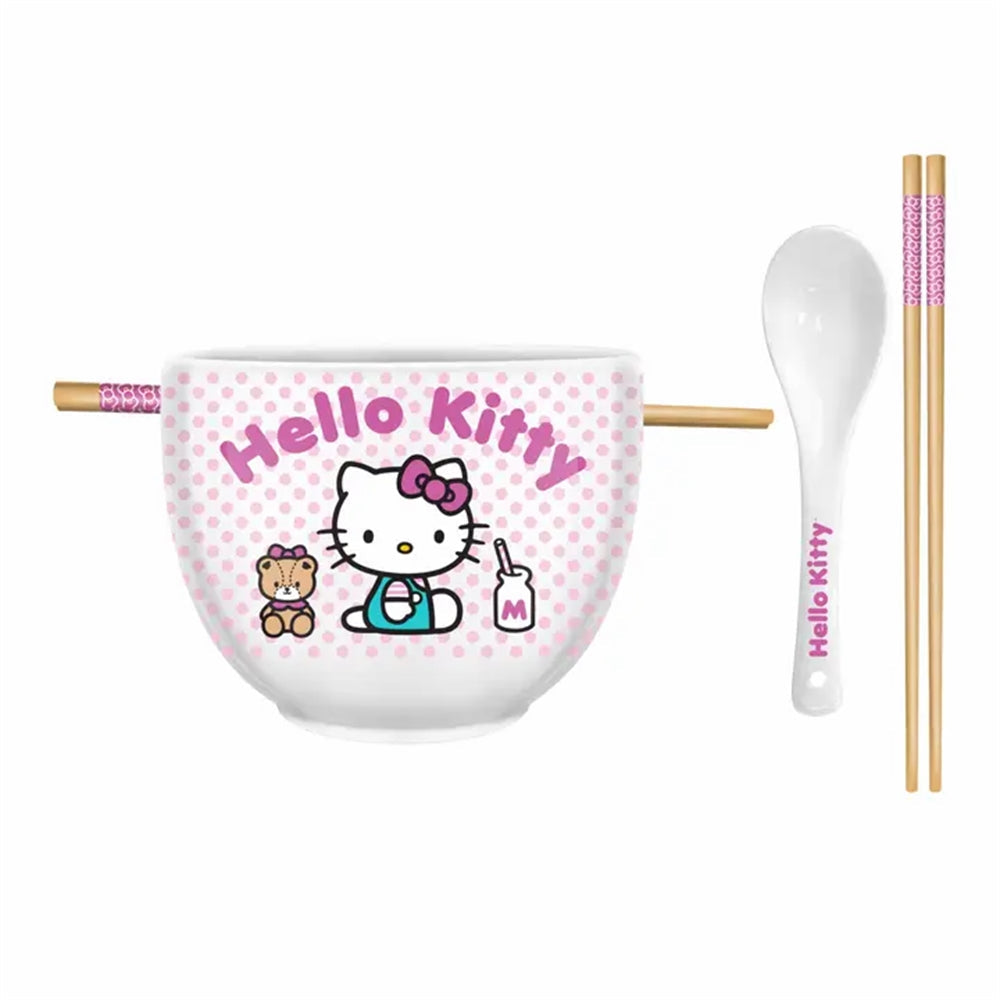 Hello Kitty Bear Milk Bottle Dots 20oz Ceramic Ramen Bowl with Chopsticks & Spoon