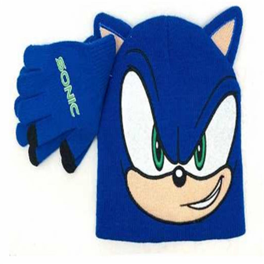 SONIC THE HEDGEHOG FACE BLUE KIDS KNIT BEANIE & GLOVES SET