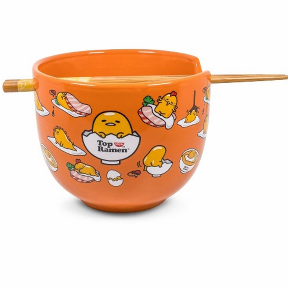 Sanrio Gudetama Japanese Top Ramen Bowl with Chopsticks-Orange