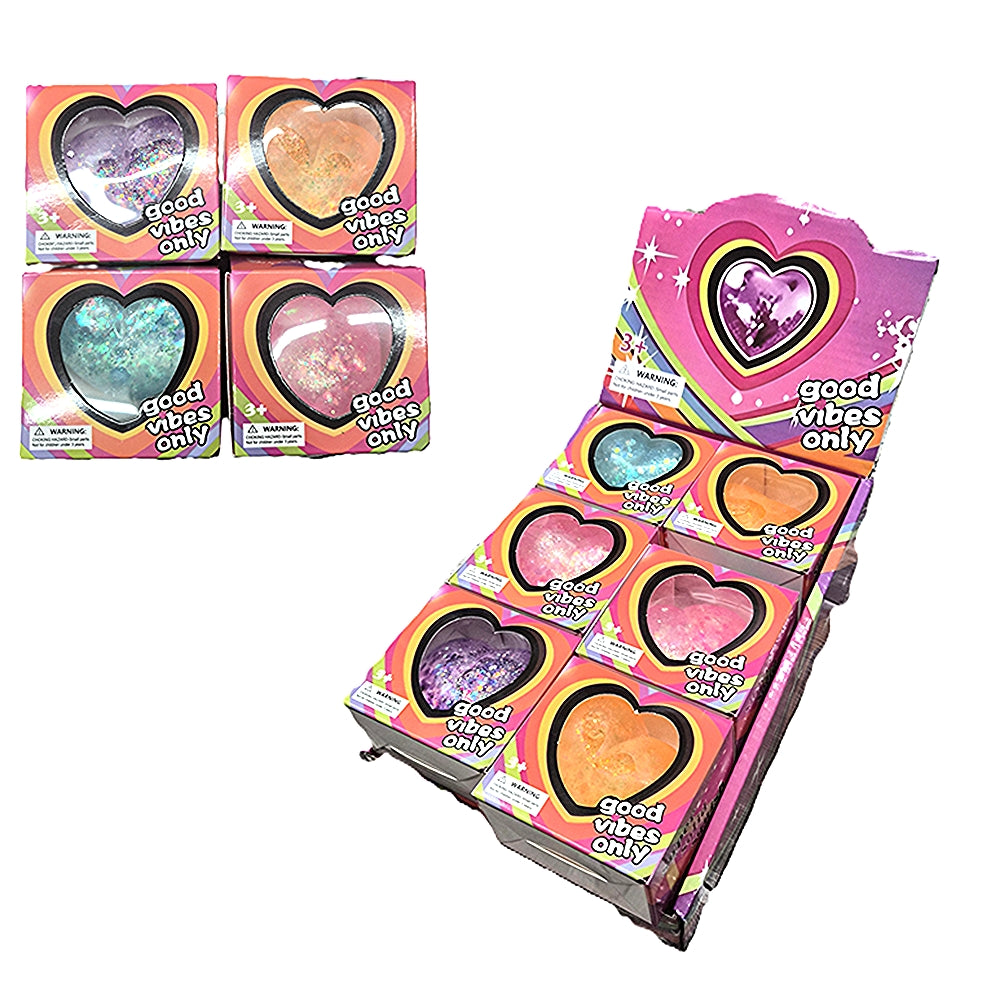 Transparent Heart Shape Glitter Gel Squishy Asst-12pcs PDQ